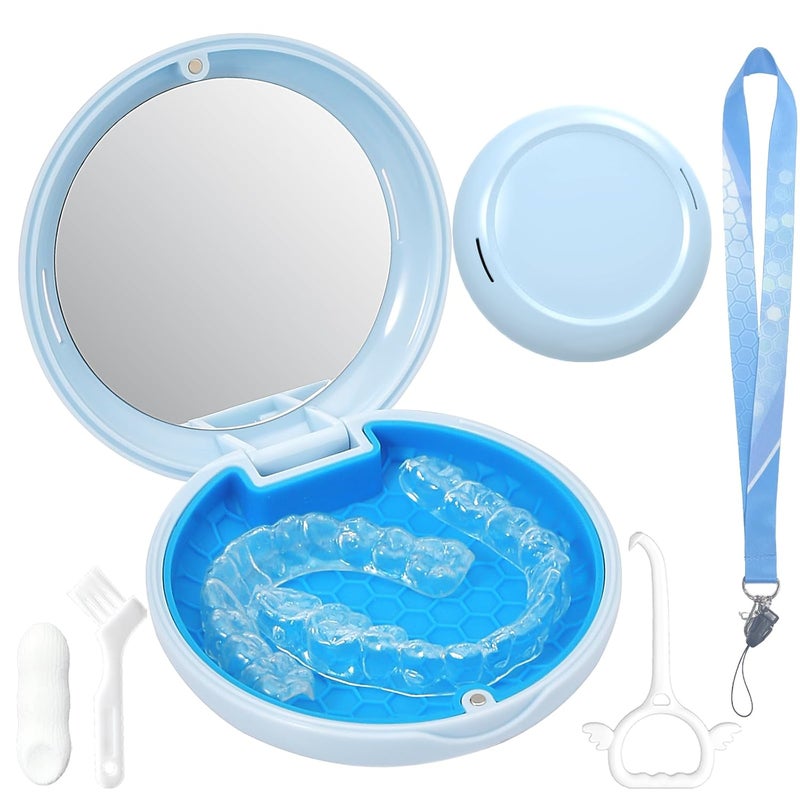 Gaboolo Store Retainer Case with Mirror and Lanyard,Slim Aligner Case with Vent Holes,Cute Dental Brace Box with Retainer Removal Tool and Brush (Blue with Lanyard) - Image 1